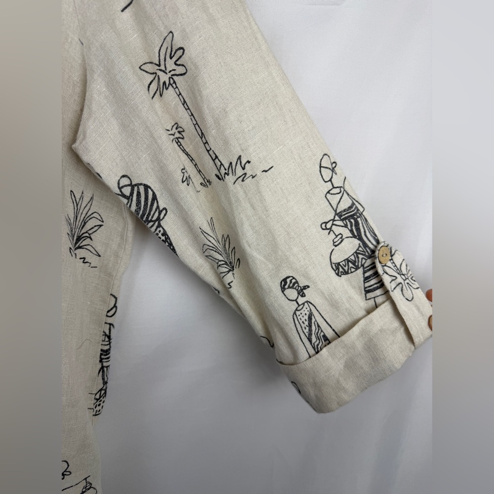Hot Cotton by Marc Ware 100% Linen Shirt Women's Artsy Tribal Line Art L - Picture 3 of 6